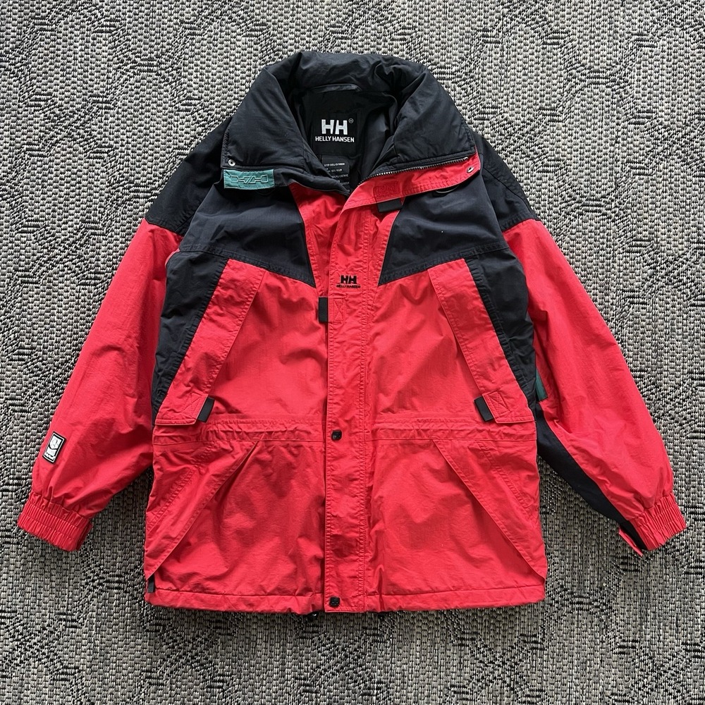 Vintage Helly Hansen Jacket Men's Small Red Black Zip Out Hood Waterproof 90s